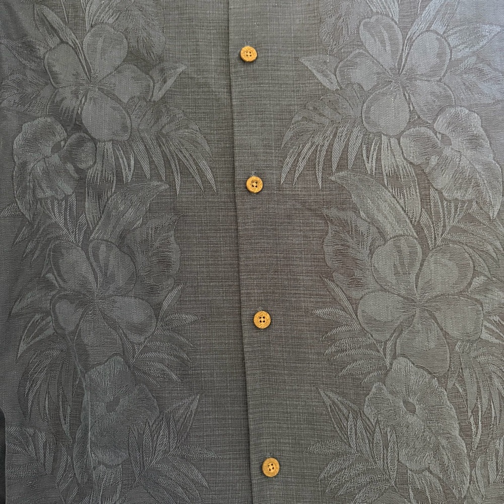 Tommy Bahama Mens Silk Shirt XL Blue Jacquard Hawaiian Palm Tropical Button Down - Picture 9 of 11